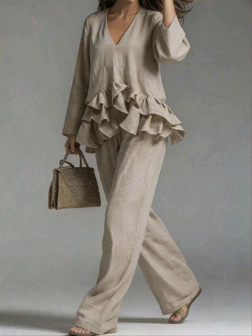 Women's Apricot V-Neck Long Sleeve Ruffle Hem Blouse + Long Wide Leg Pants - Picture 3 of 6